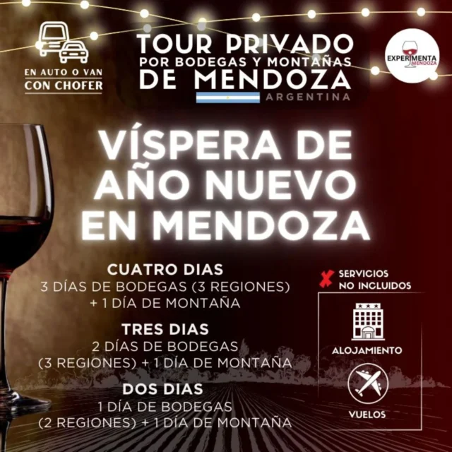 🍷 Porque es momento de brindar con los mejores vinos del planeta. 🥰 

🚘👉Realizamos tour privados con chofer por las bodegas de Mendoza en auto o van -según la cantidad de personas- visitando las regiones más importantes -teniendo en cuenta que hay 1300 bodegas-. Regiones de Maipú, Luján de Cuyo, Valle de Uco, Cadena montañosa: Los Andes, Potrerillos, Cacheuta. 

🍇 Maipú, zona de vinos + fábricas de aceite de oliva. 

🍇 Luján de Cuyo, que es una zona Malbec, donde están las bodegas más antiguas. 

🍇 Valle de Uco, una zona de bodegas más industrializadas y paisajes montañosos.🏔️ 

👉 Solicitá tu presupuesto por WhatsApp +5492615085098 (o por email a info@experimentamendoza.com), indicando fechas de tour (cantidad de personas), y por último si te alojarás en la ciudad o en los alrededores. Te estaremos esperando! 
*NOTA:* Reserve con tiempo para disponer de más opciones. Beber con moderación / Prohibida la venta de bebidas alcoholicas a menores de 18 años.
.
#ToursPrivados #Tourconchofer #PrivateTours #PasseiosDoVinho #CityTourMendoza #WineTour #WineLover #LandscapeLovers #Mendoza #MendozaProvince #CordonDelPlata #LujanDeCuyo #Maipu #ValleDeUco #WonderfulPlaces #TurismoMendoza #ExperimentaMendoza #Enoturismo